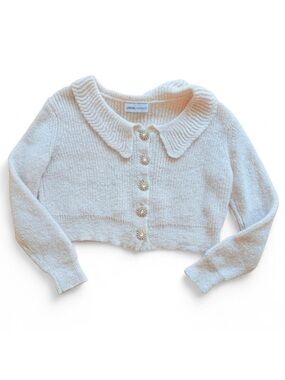 Cream Cropped Knitted Cardigan with Jewelled Rhinestone Buttons Small